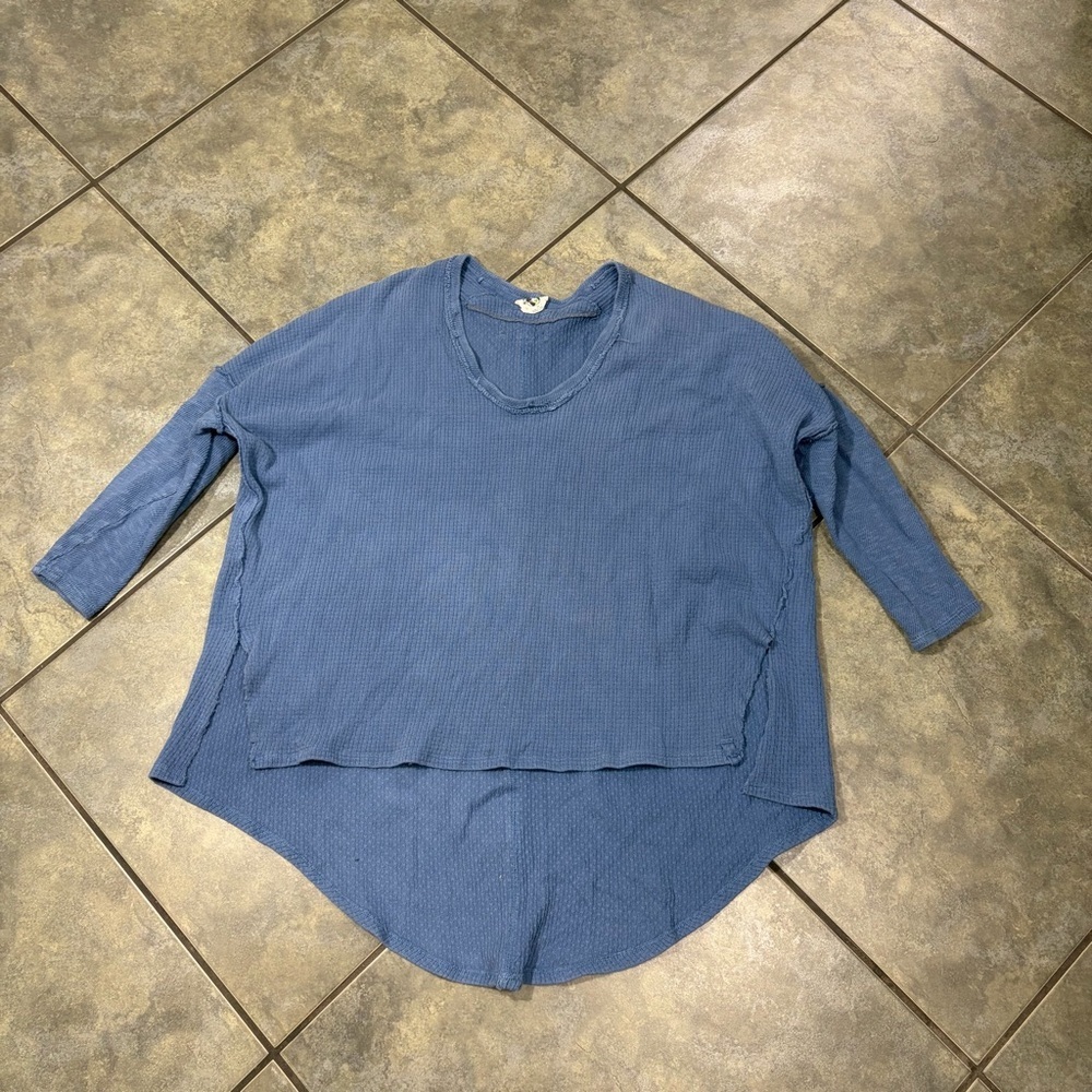 Free People Blue 3/4 Sleeve Oversized Bohemian Waffle Knit Thermal Shirt Sz XS